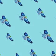 Deurstickers Vlinders blauwe vogel aquarel patroon