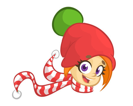 Cartoon Christmas girl elf head icon. Vector illustration isolated on white