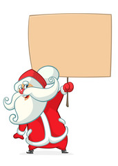 Christmas cartoon illustration of funny Santa Claus character holding a sign wooden board. Vector isolated