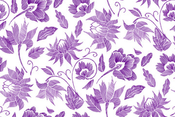 Floral seamless background pattern with fantasy flowers and leaves Line art. Embroidery flowers. Vector illustration..