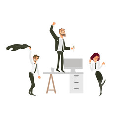 vector flat cute girl office worker, business woman manager in corporate clothing in skirt, necktie dancing at floor , men with beard dancing at and near table at party. Isolated illustration