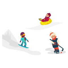 Kids having fun in winter riding snow tube, playing hockey, snowboarding, flat cartoon vector illustration isolated on white background. Kids, children doing, enjoying winter sport activities