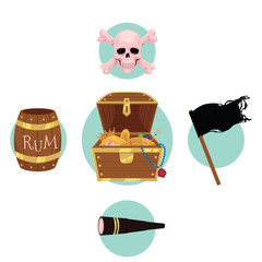 Flat style pirate set - treasure chest, jolly Roger flag, rum barrel, field glass, skull and bones, cartoon vector illustration isolated on white background. Flat style cartoon pirate set