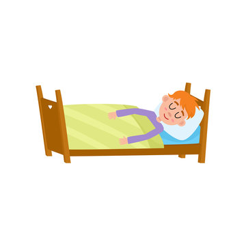 Funny little boy sleeping, tight asleep in his bed, cartoon vector illustration isolated on white background. Cartoon little boy, child, kid sleeping soundly in bed, wearing pajamas