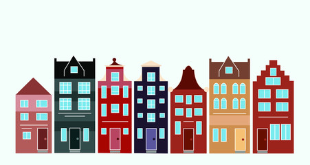 Vector illustration of various Dutch houses. Amsterdam colourful houses street.