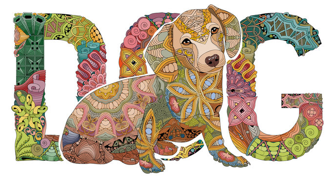 Word dog with a figure of a dog. Vector decorative zentangle object