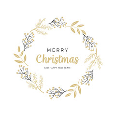 Christmas wreath with black and gold branches. Unique design for your greeting cards, banners, flyers. Vector illustration in modern style.