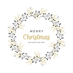 Christmas wreath with black and gold branches and pine cones. Unique design for your greeting cards, banners, flyers. Vector illustration in modern style.