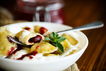Homemade sweet dumplings with berries and sour cream