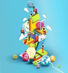 A tower of books with reading people.  Educational concept. Online library. Online education isometric flat design on blue background. Illustration