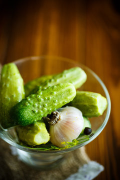 Pickled cucumbers in a glass bowl