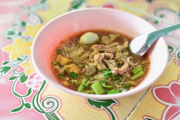 Bowl of Thai Style Nam Tok Noodle Soup