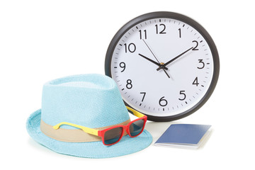 Vacancy concept. Clock, passport and sunglasses