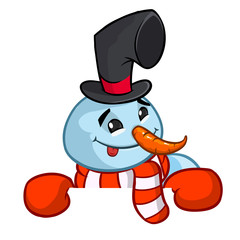 Little cute smiling snowman with scarf and woolen cap holding blank scroll for text invitation. Christmas or New year vector illustration 