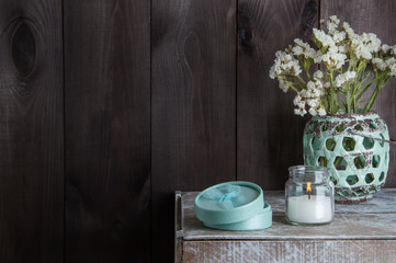Bedroom decor on wooden background