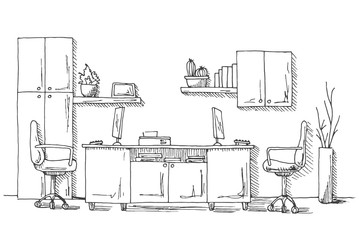 Open Space office. Workplaces outdoors. Tables, chairs. Vector illustration in a sketch style.