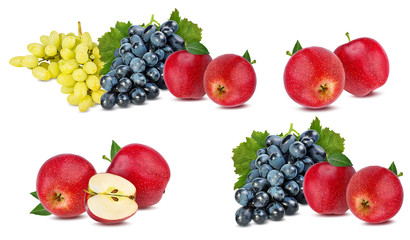 Fresh grapes and apples isolated on white background with clipping pass set