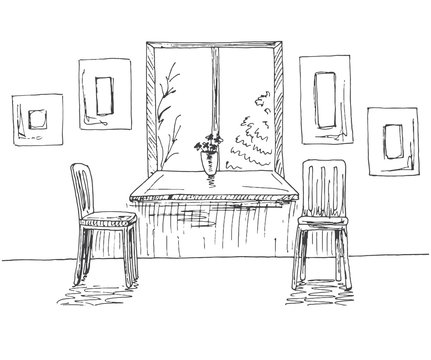 Hand drawn window with a wide window sill. Next to the two chairs, on the wall of the frame. Vector illustration of a sketch style.