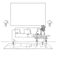 Linear sketch of an interior. Sofa, table, bedside table, lamp, flower. Frame on the wall for Fitting Your information. Hand drawn vector illustration of a sketch style.