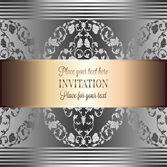 Romantic background with antique, luxury gray, black and metal silver vintage frame, victorian banner, intricate exquisite rococo wallpaper ornaments, invitation card, baroque style booklet, gothic