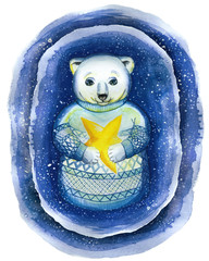 A watercolor drawing on the theme of New Year and Christmas, a drawing of a polar bear, in the technique of a cartoon, in a jacquard sweater, a Scandinavian pattern that holds a yellow star illuminati