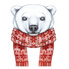 Drawing with a watercolor of a polar bear in the technique of a cartoon, on a theme of the new year, Christmas, in a knitted scarf with a jacquard pattern of red, joyful, smiling, waving his paw, whit