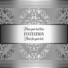 Romantic background with antique, luxury gray and metal silver vintage frame, victorian banner, intricate exquisite rococo wallpaper ornaments, invitation card, baroque style booklet, gothic