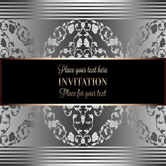 Romantic background with antique, luxury gray, black and metal silver vintage frame, victorian banner, intricate exquisite rococo wallpaper ornaments, invitation card, baroque style booklet, gothic