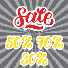 A sale discount set with percents and volume. Sale lettering on rays grey background. Vector illustration.