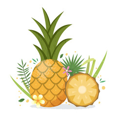 Pineapple with tropical plants and flowers.