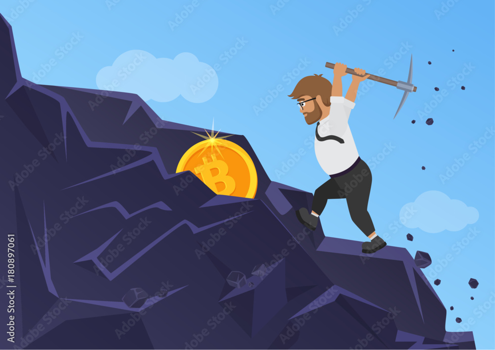 Poster bitcoin mining concept. business man digging coin from the rock.
