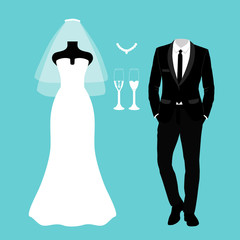 Wedding card with the clothes of the bride and groom.