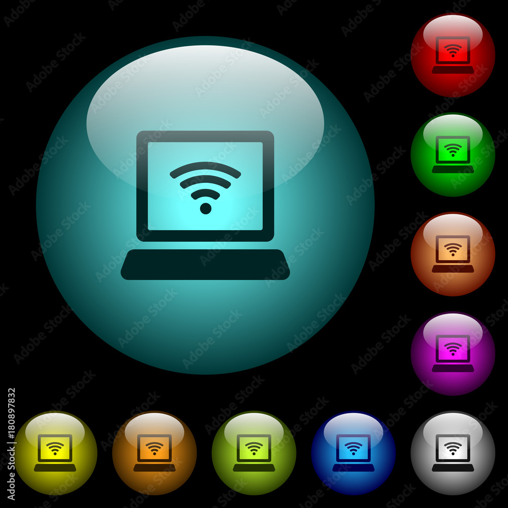 Poster laptop computer with wireless symbol icons in color illuminated glass buttons