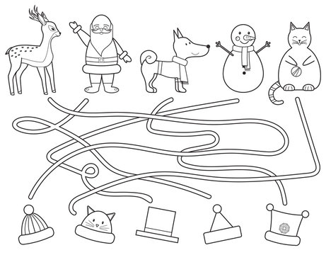 Coloring children's Christmas maze.  Help find winter hat. Educational game. Vector illustration. Line art style.