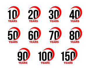 Anniversary sign set, black numbers with red abstract arc ribbon, birthday vector logo, business celebration icon collection.