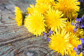 Dandelion bouquet on an old wooden background.