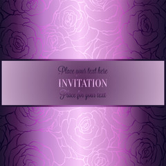 Romantic background with antique, luxury black, metal lilac vintage card, victorian banner, rose flower wallpaper ornaments, invitation card, baroque style booklet with text