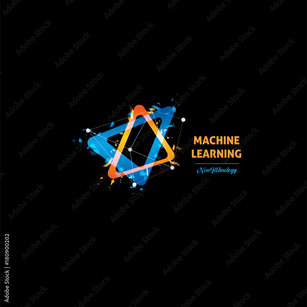 Poster machine learning logo, light bulb abstract vector icon. isolated orange and blue color triangles sha