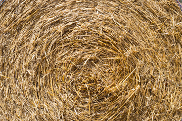 A stack of hay bales in a rural landscape