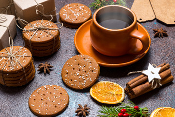 Christmas holidays composition, cup of coffee in the morning