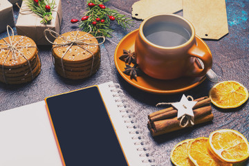 Obraz na płótnie Canvas Top view smart phone and cup of coffee