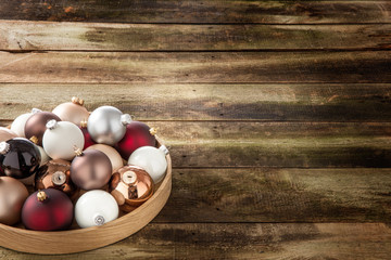 symbol of Christmas and seasonal holidays over wood, copy space