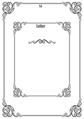 Two ornate black frameworks, A4 and Letter page proportions.