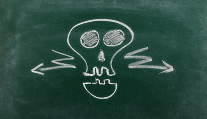 Skull with lightning bolts on chalkboard, blackboard texture