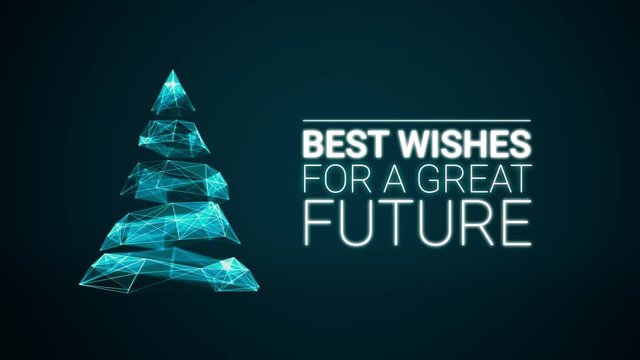 modern christmas tree and wishes great future season greetings message on blue background. Elegant animated holiday season social digital card for technology,futuristic business.4k video