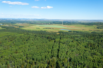 Aerial photo of forest and farmer fields with Rocky mountains on the horizon.