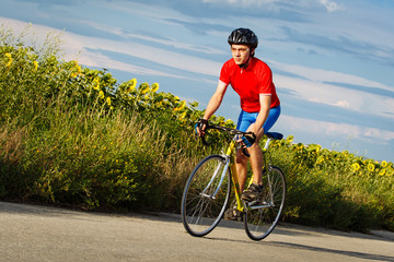 Fototapeta premium A cyclist rides on a road bike along fields of sunflowers.