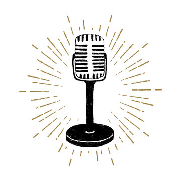 Hand drawn retro microphone textured vector illustration.