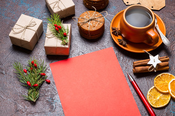 Top view res paper sheet and cup of coffee