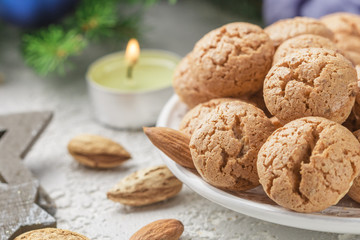 Traditional italian almond cookies - amaretti. Sweet holiday dessert. Christmas. New year. Selective focus